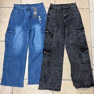 Women Blue denim and Black Cargo Pants